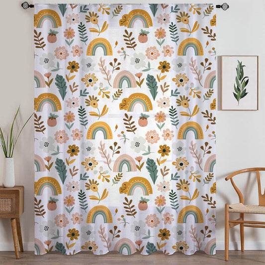 Boho Colorful Rainbow Sheer Curtain for Kids Room, Lightweight Floral Flowers Nursery Net Voile, Kids Room Window Drapes