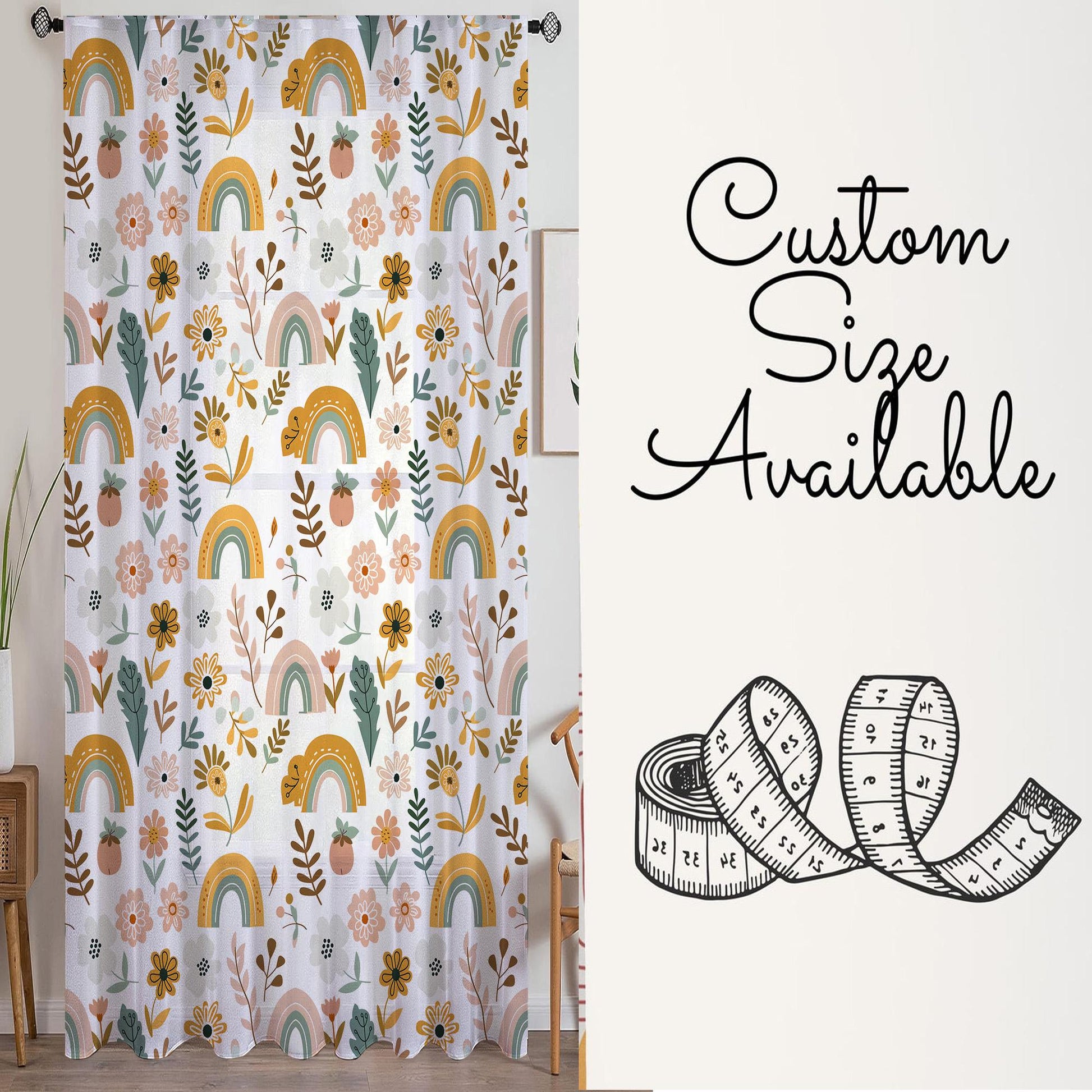 Boho Colorful Rainbow Sheer Curtain for Kids Room, Lightweight Floral Flowers Nursery Net Voile, Kids Room Window Drapes