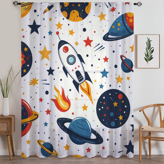 Space Galaxy Planet Stars Sheer Curtain for Kids Room, Lightweight Spaceship Rocket Nursery Net Voile, Kids Room Window Drapes