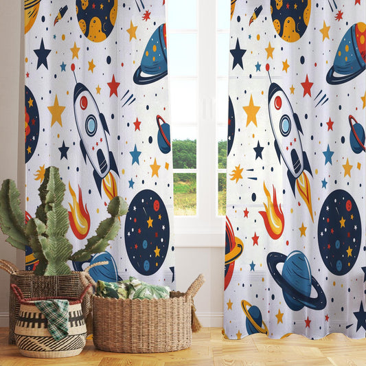 Space Galaxy Planet Stars Sheer Curtain for Kids Room, Lightweight Spaceship Rocket Nursery Net Voile, Kids Room Window Drapes