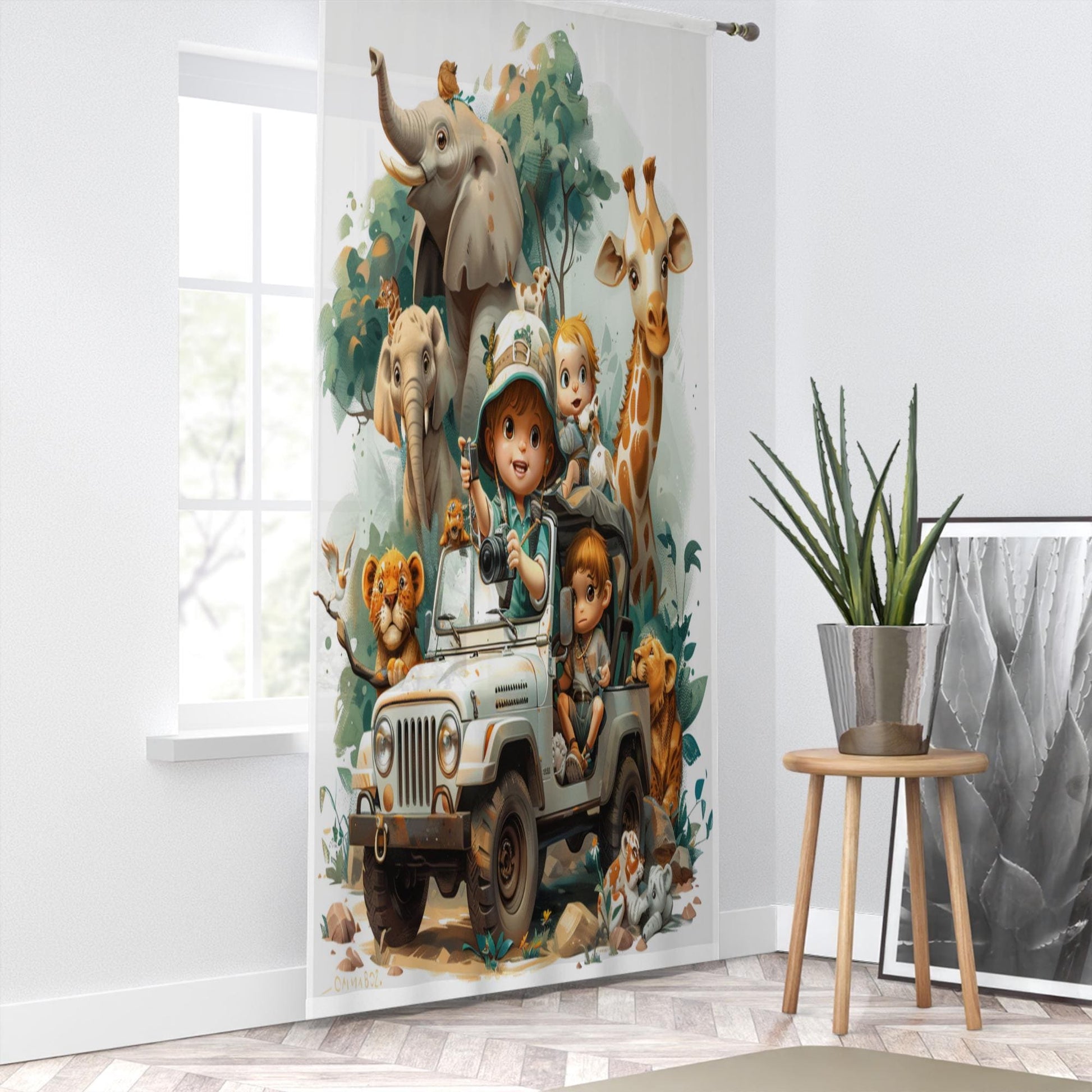 Safari Woodland Animals Sheer Curtain for Kids Room, Lightweight Giraffe Elephants Leon Nursery Net Voile, Kids Room Window Drapes