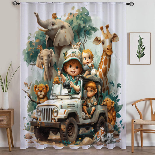 Safari Woodland Animals Sheer Curtain for Kids Room, Lightweight Giraffe Elephants Leon Nursery Net Voile, Kids Room Window Drapes