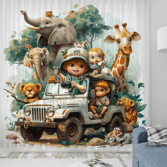 Safari Woodland Animals Sheer Curtain for Kids Room, Lightweight Giraffe Elephants Leon Nursery Net Voile, Kids Room Window Drapes