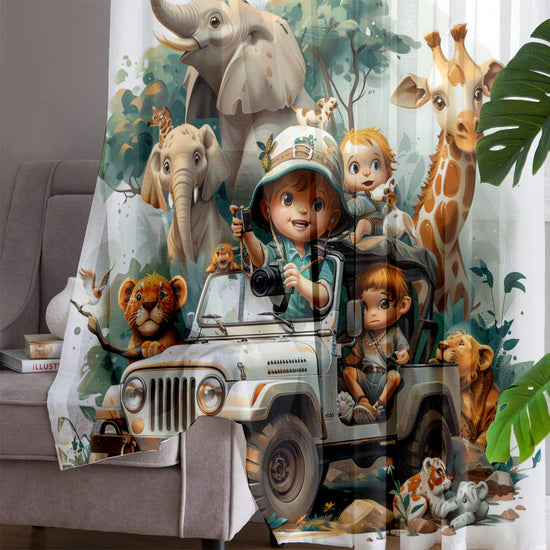 Safari Woodland Animals Sheer Curtain for Kids Room, Lightweight Giraffe Elephants Leon Nursery Net Voile, Kids Room Window Drapes
