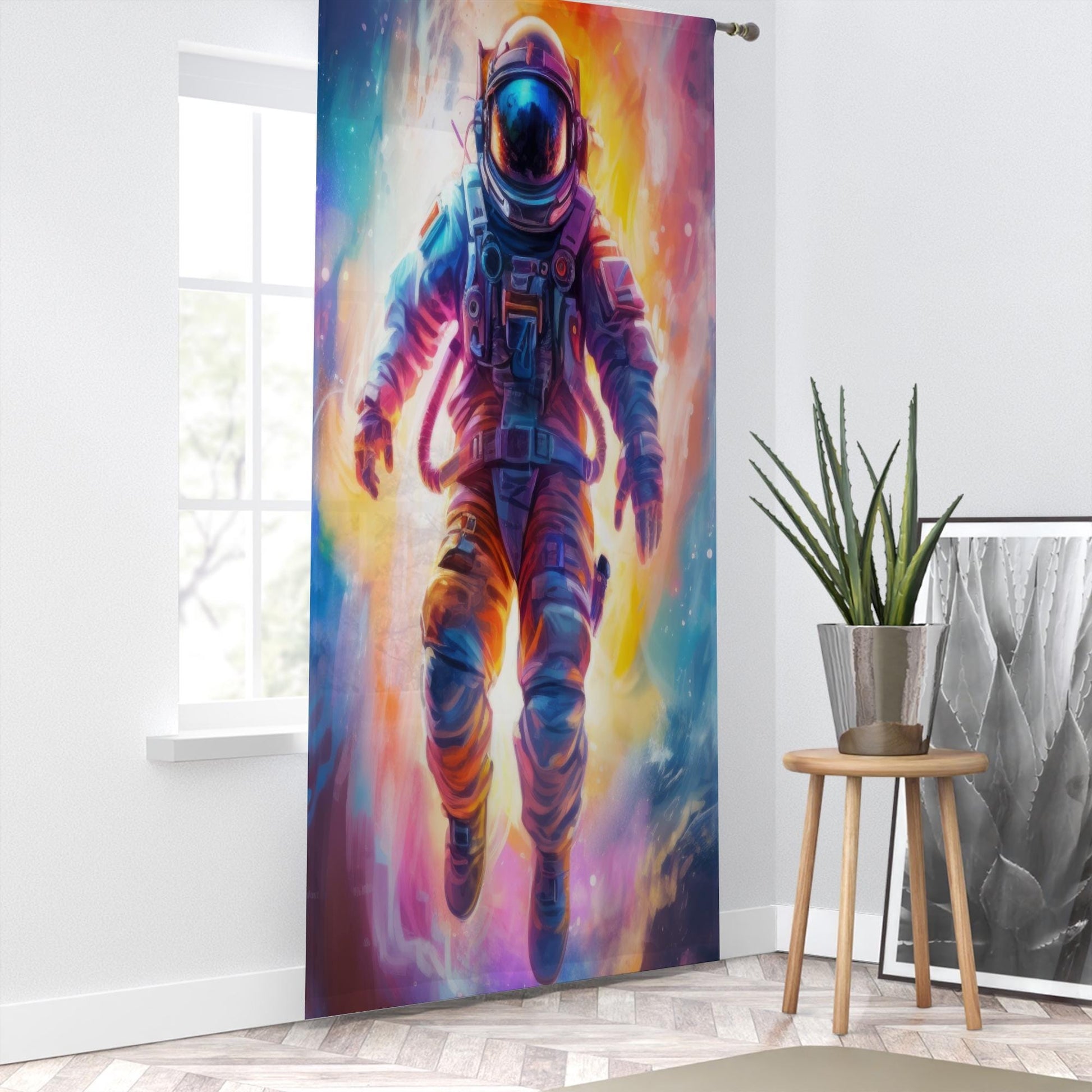 Astronaut Sheer Curtain for Kids Room, Lightweight Colorful Space Nursery Net Voile, Kids Room Window Drapes