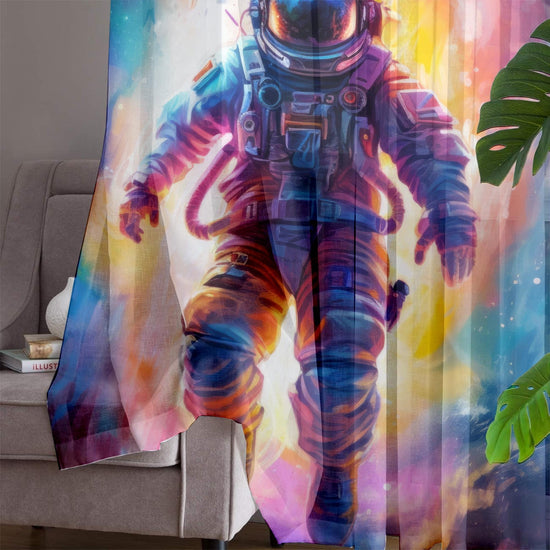 Astronaut Sheer Curtain for Kids Room, Lightweight Colorful Space Nursery Net Voile, Kids Room Window Drapes