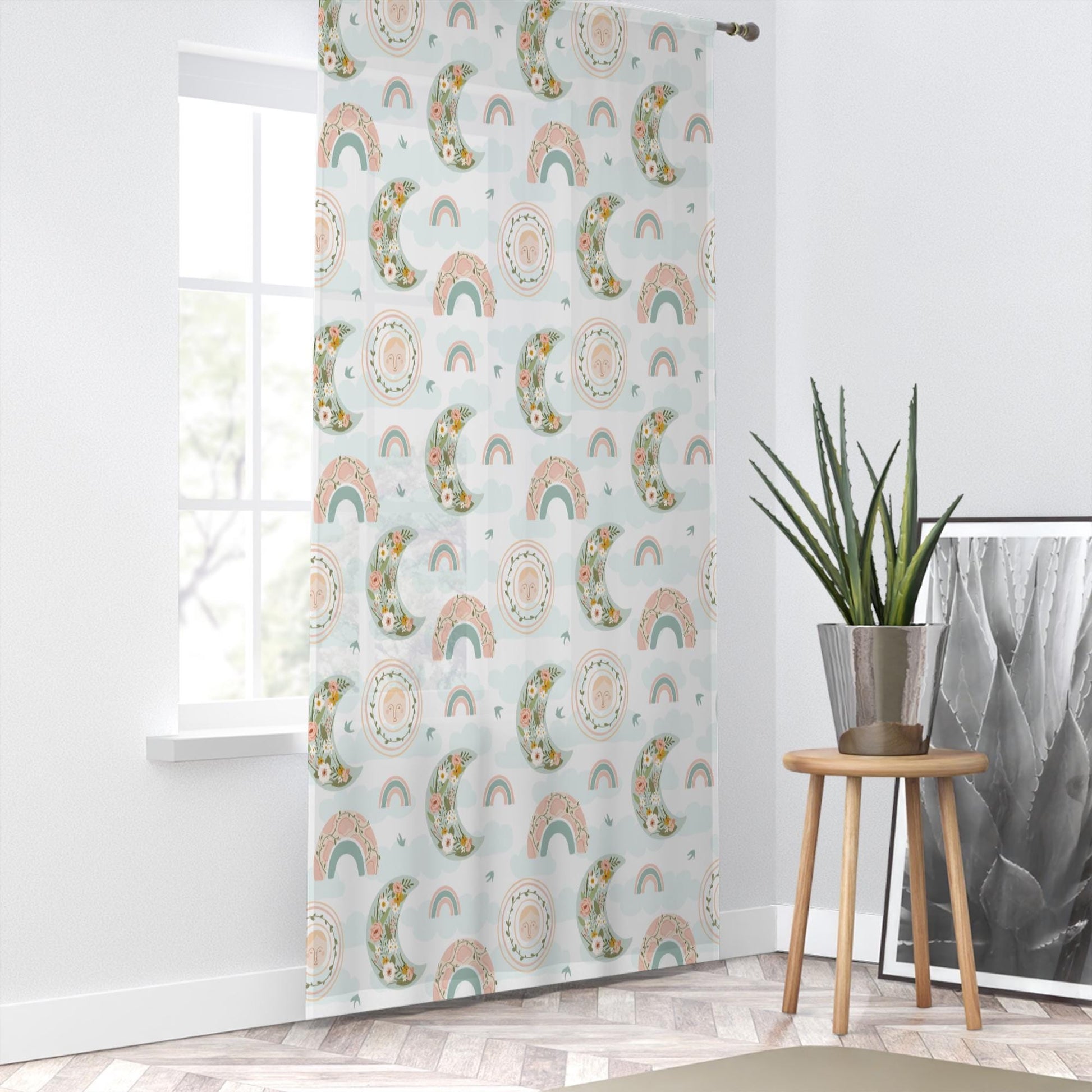 Moon Rainbow Sheer Curtain for Kids Room, Lightweight Boho Floral Nursery Net Voile, Baby Room Window Drapes