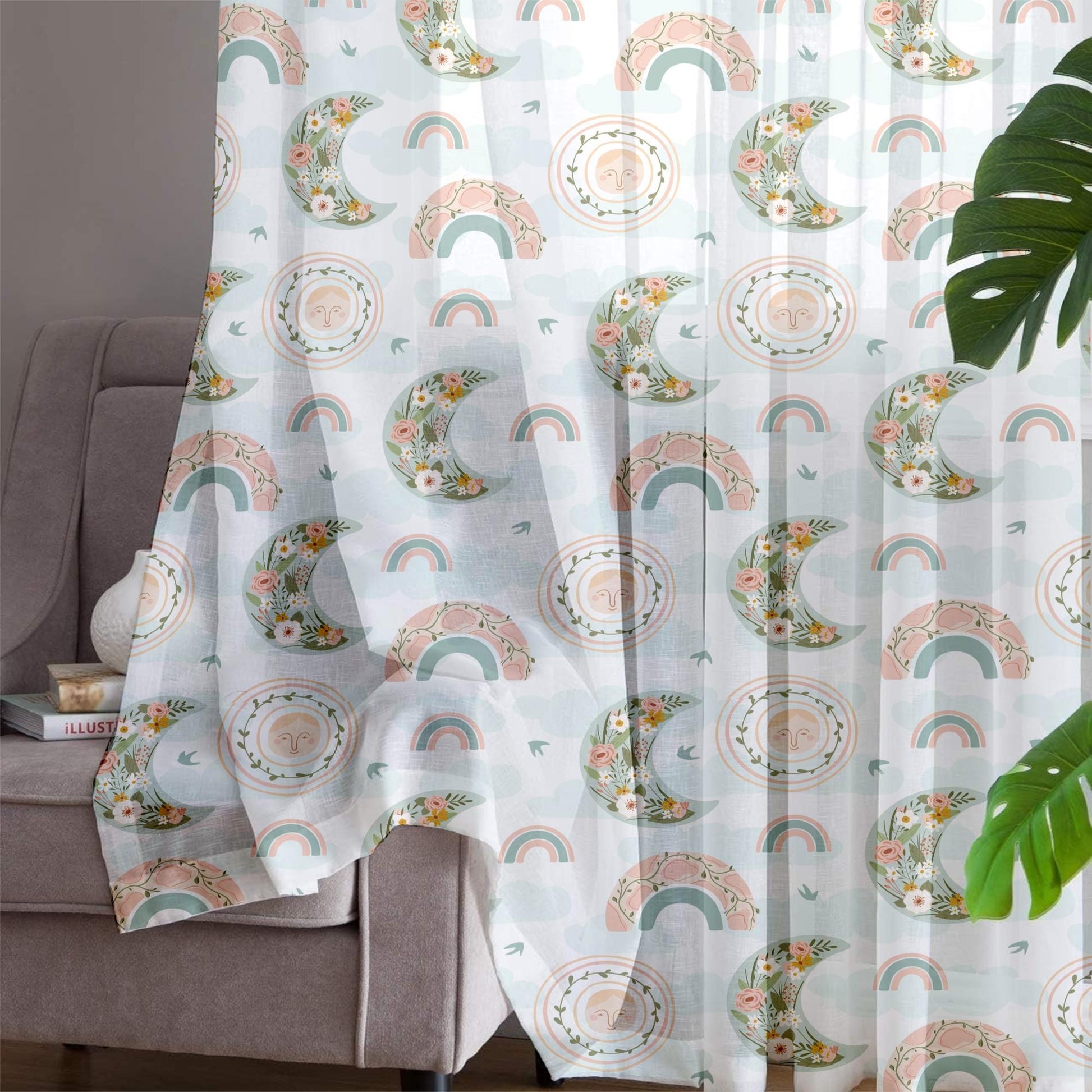 Moon Rainbow Sheer Curtain for Kids Room, Lightweight Boho Floral Nursery Net Voile, Baby Room Window Drapes