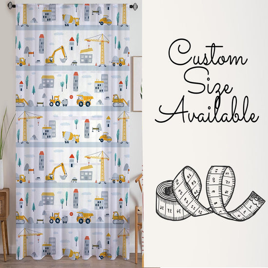 Construction Equipment Sheer Curtain for Kids Room, Lightweight Crane Truck Tractor Bulldozer Nursery Net Voile, Baby Room Window Drapes