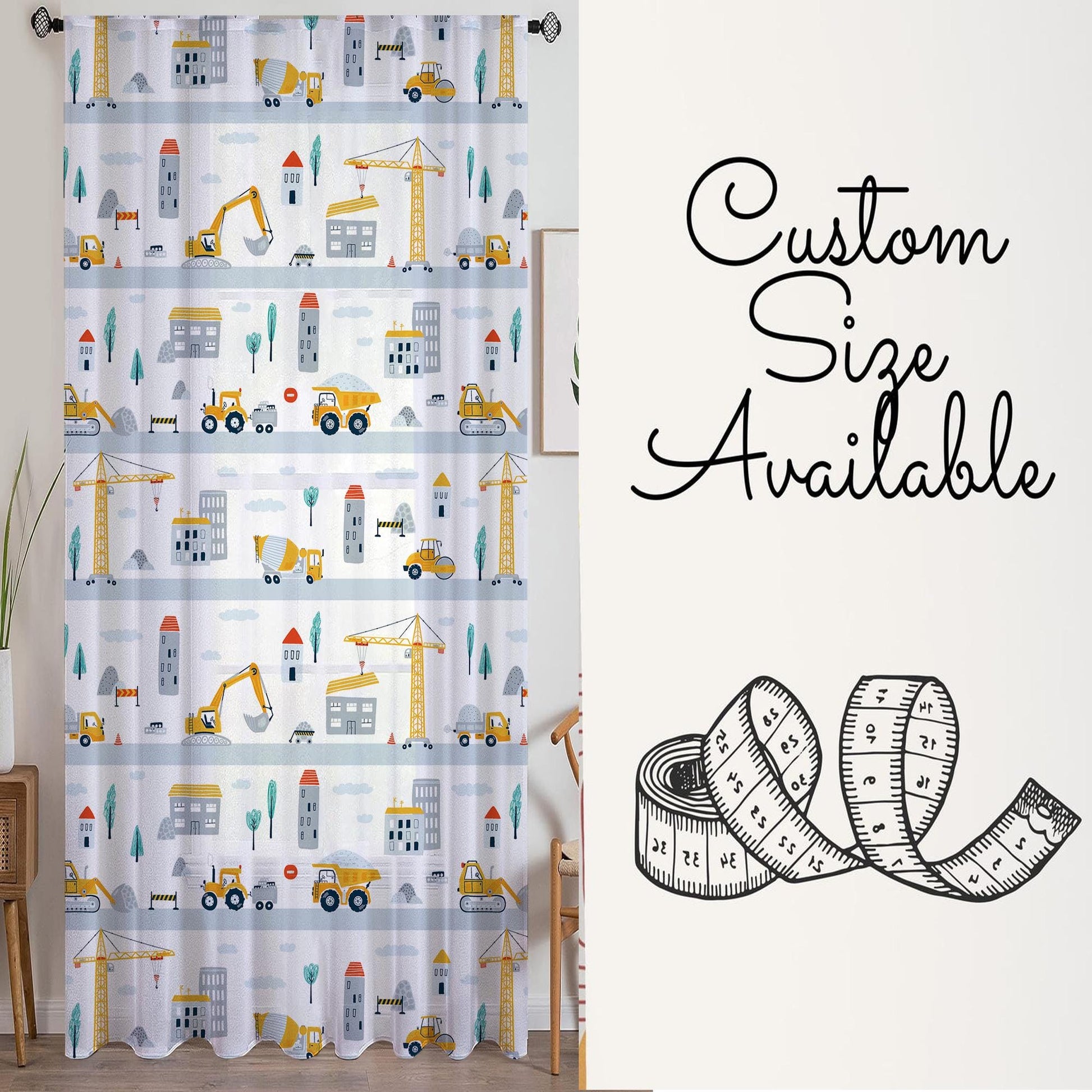 Construction Equipment Sheer Curtain for Kids Room, Lightweight Crane Truck Tractor Bulldozer Nursery Net Voile, Baby Room Window Drapes