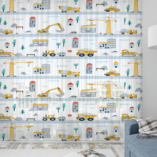 Construction Equipment Sheer Curtain for Kids Room, Lightweight Crane Truck Tractor Bulldozer Nursery Net Voile, Baby Room Window Drapes
