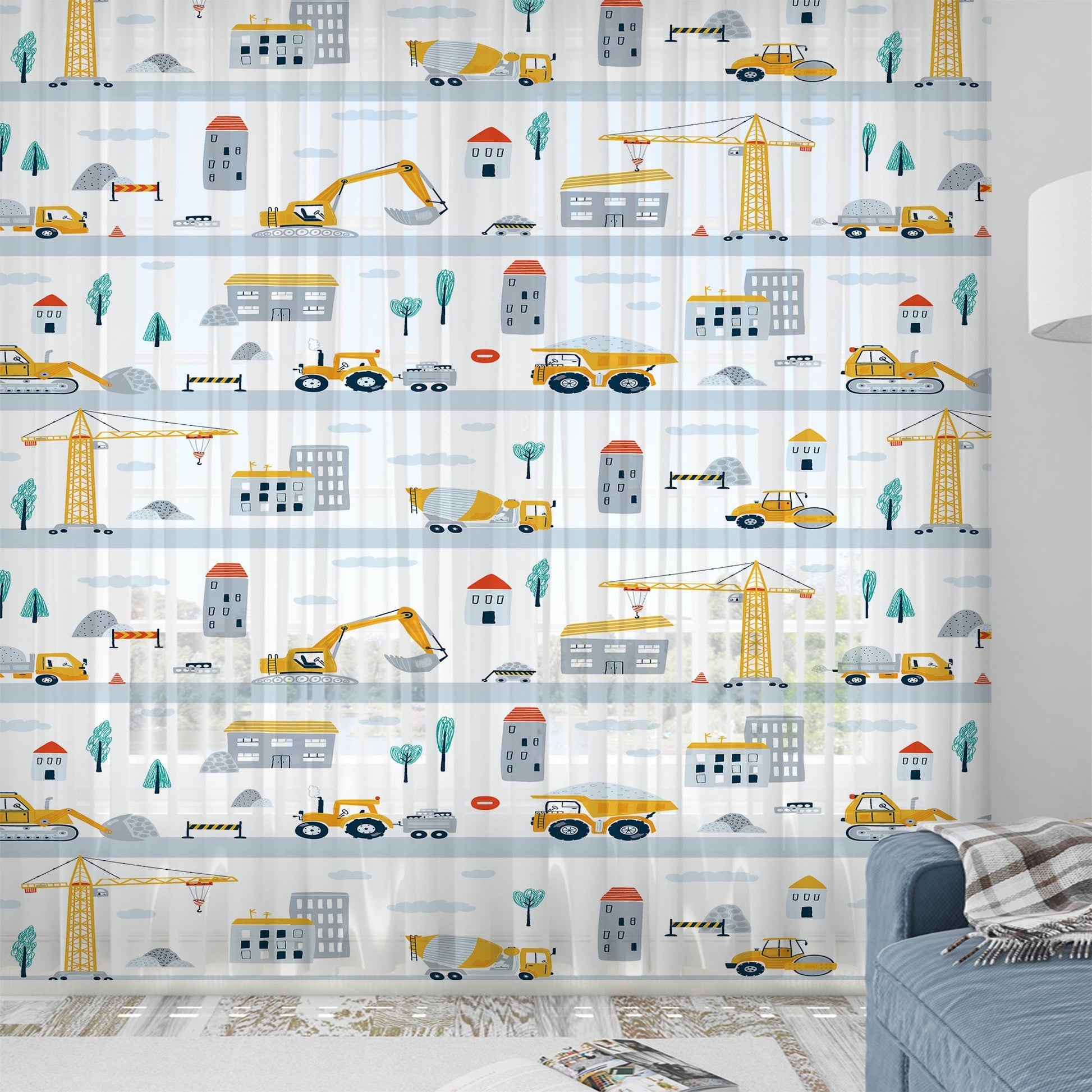 Construction Equipment Sheer Curtain for Kids Room, Lightweight Crane Truck Tractor Bulldozer Nursery Net Voile, Baby Room Window Drapes