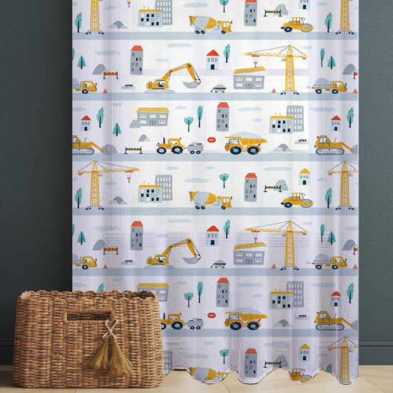 Construction Equipment Sheer Curtain for Kids Room, Lightweight Crane Truck Tractor Bulldozer Nursery Net Voile, Baby Room Window Drapes