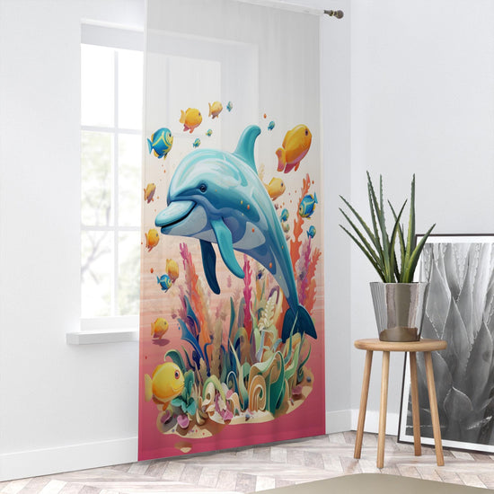 Tropical Fishes Dolphin Sheer Curtain for Kids Room, Lightweight Under Sea Nursery Net Voile, Baby Room Window Drapes