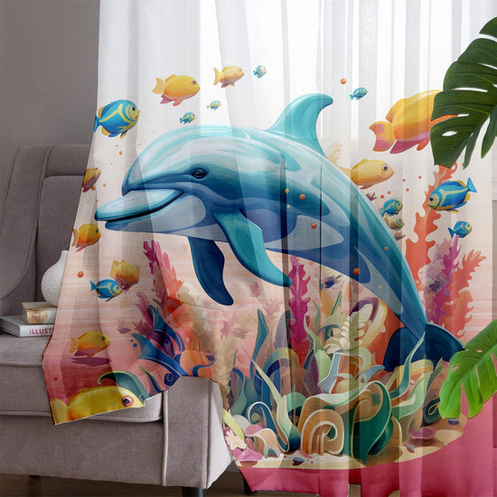 Tropical Fishes Dolphin Sheer Curtain for Kids Room, Lightweight Under Sea Nursery Net Voile, Baby Room Window Drapes