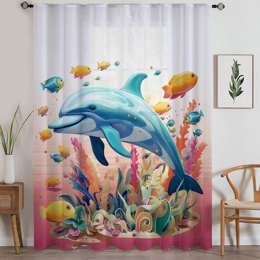 Tropical Fishes Dolphin Sheer Curtain for Kids Room, Lightweight Under Sea Nursery Net Voile, Baby Room Window Drapes