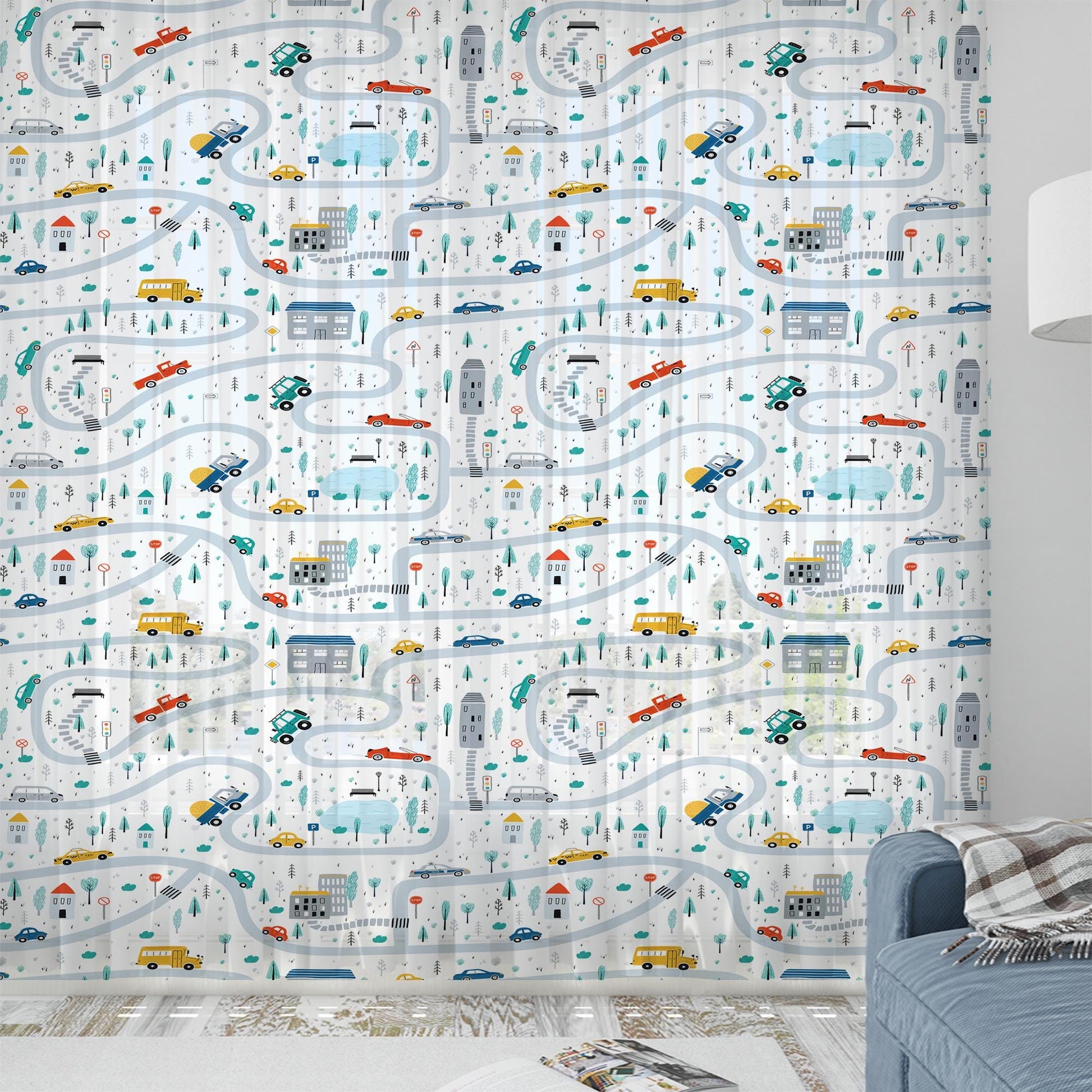 Colorful Cars on Road Sheer Curtain for Kids Room, Lightweight Cute Town Road Map Nursery Net Voile, Baby Room Window Drapes,