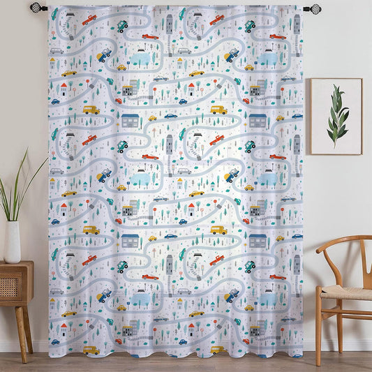 Colorful Cars on Road Sheer Curtain for Kids Room, Lightweight Cute Town Road Map Nursery Net Voile, Baby Room Window Drapes,