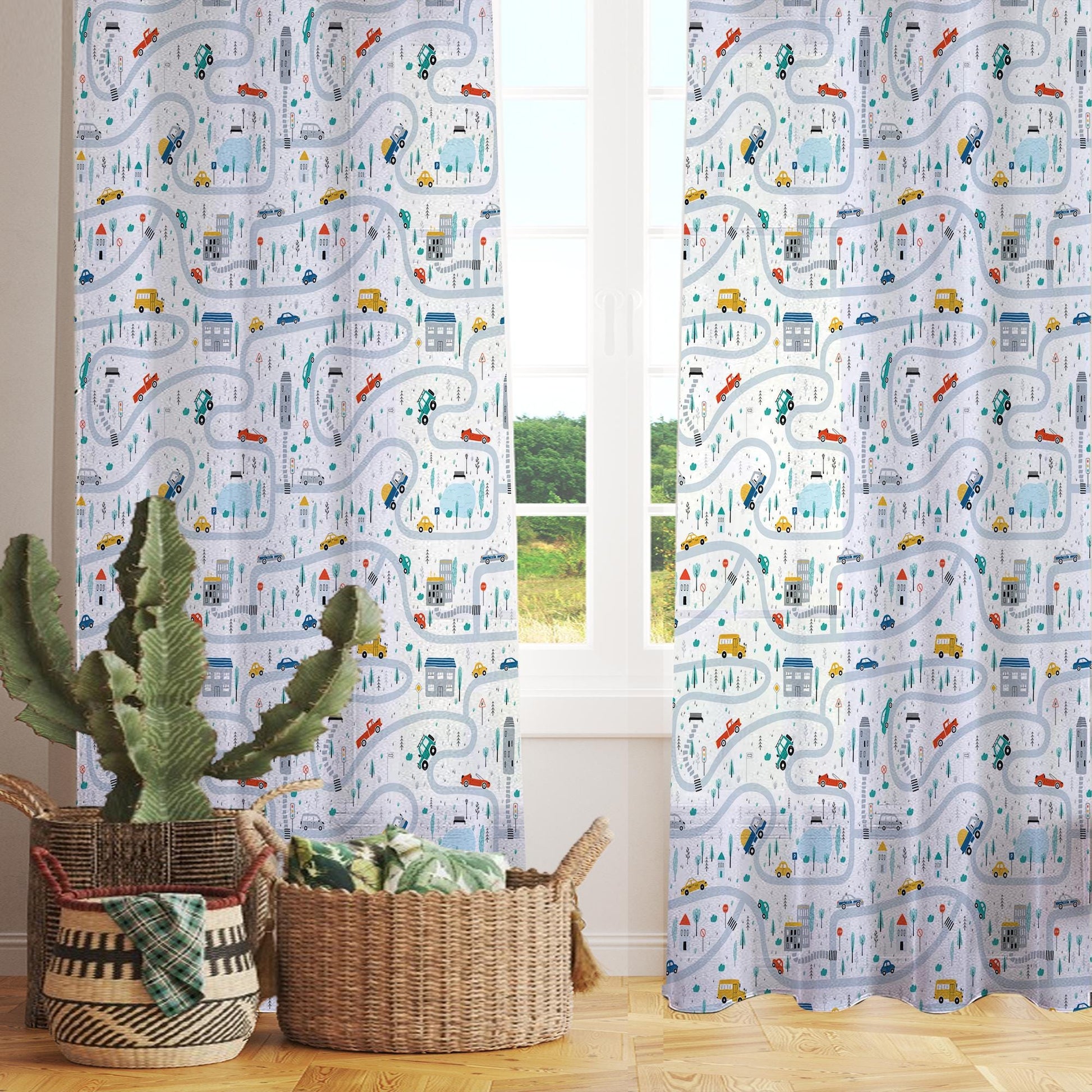 Colorful Cars on Road Sheer Curtain for Kids Room, Lightweight Cute Town Road Map Nursery Net Voile, Baby Room Window Drapes,