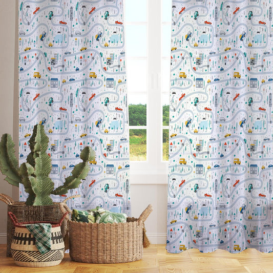 Colorful Cars on Road Sheer Curtain for Kids Room, Lightweight Cute Town Road Map Nursery Net Voile, Baby Room Window Drapes,