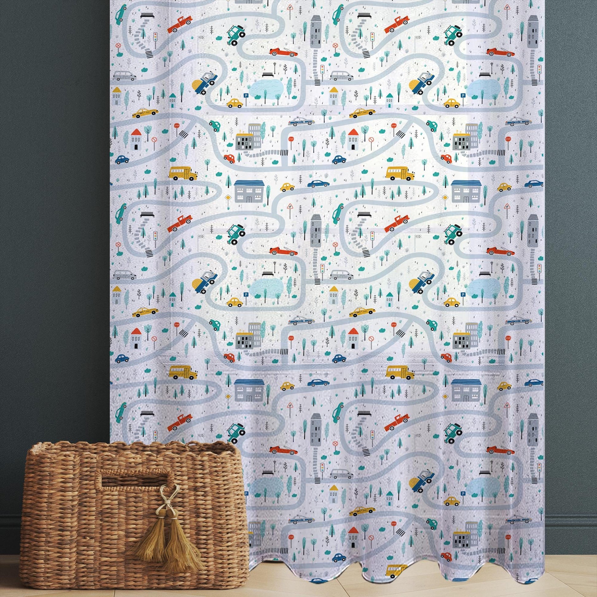 Colorful Cars on Road Sheer Curtain for Kids Room, Lightweight Cute Town Road Map Nursery Net Voile, Baby Room Window Drapes,