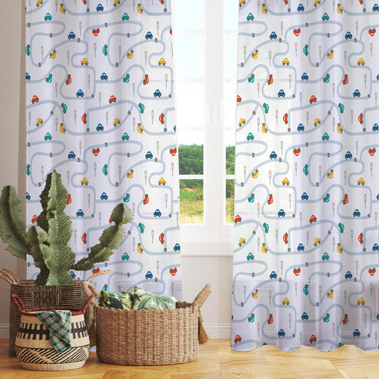 Colorful Cars on Road Sheer Curtain for Kids Room, Lightweight Cute Road Map Nursery Net Voile, Baby Room Window Drapes,