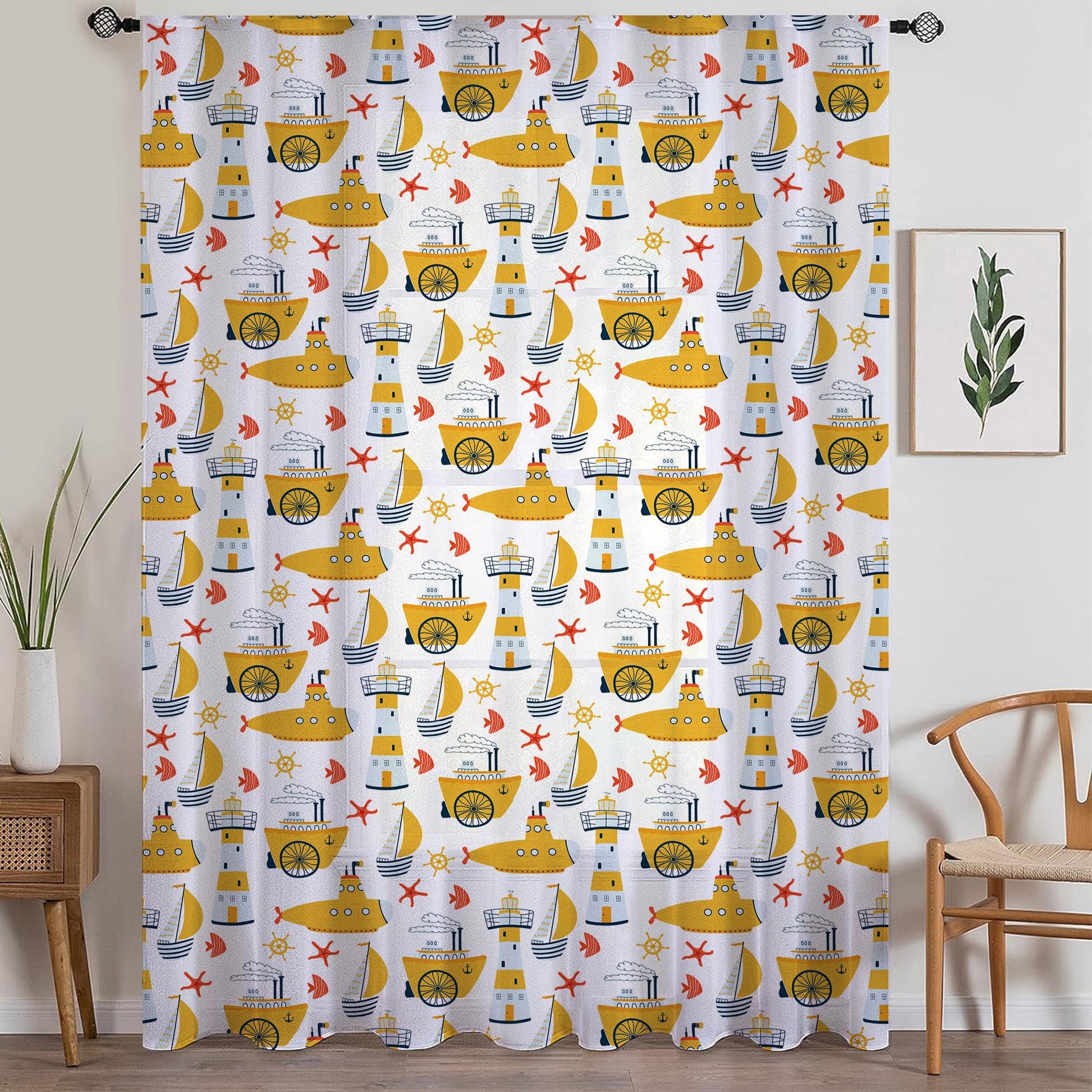 Yellow Marine Vehicles Sheer Curtain for Kids Room, Lightweight Submarine Sailing Ship Nursery Net Voile, Baby Room Window Drapes,