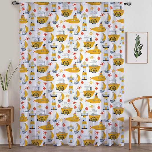 Yellow Marine Vehicles Sheer Curtain for Kids Room, Lightweight Submarine Sailing Ship Nursery Net Voile, Baby Room Window Drapes,