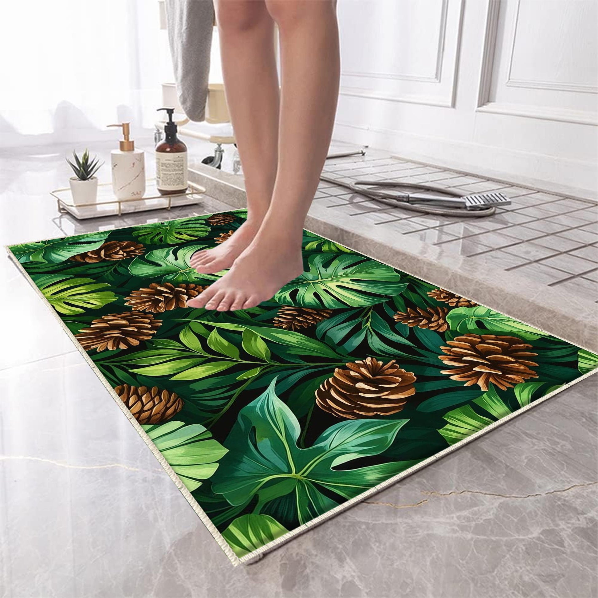 Pinecone Bath rug with palm leaves, Quick Dry Bathroom Mat, Soft Washable Botanic Toilet Mat, Modern Bathroom Decor, Green Toilet Rug
