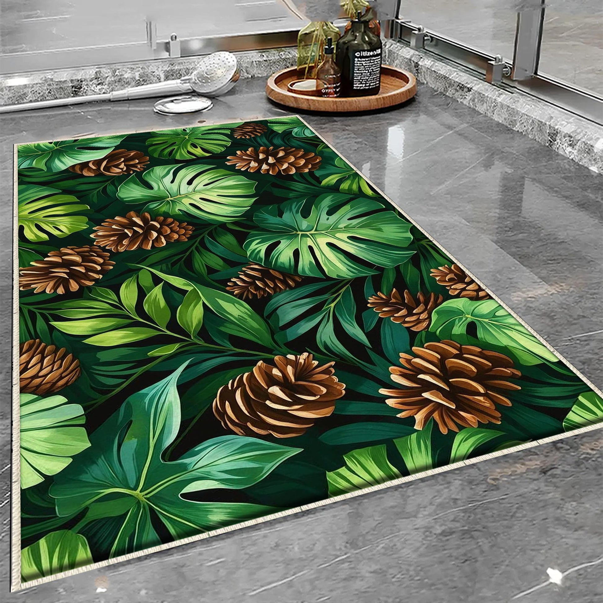 Pinecone Bath rug with palm leaves, Quick Dry Bathroom Mat, Soft Washable Botanic Toilet Mat, Modern Bathroom Decor, Green Toilet Rug