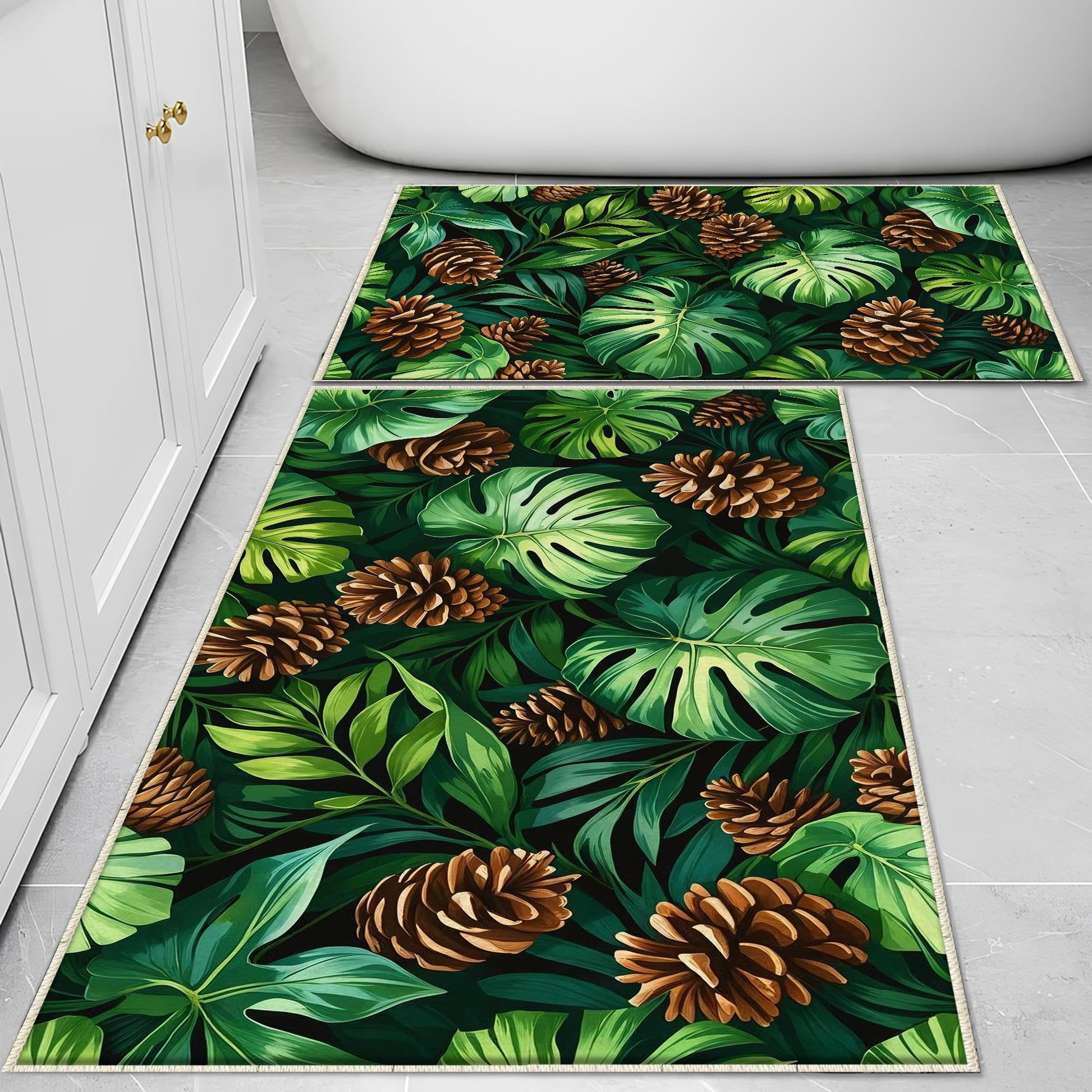 Pinecone Bath rug with palm leaves, Quick Dry Bathroom Mat, Soft Washable Botanic Toilet Mat, Modern Bathroom Decor, Green Toilet Rug