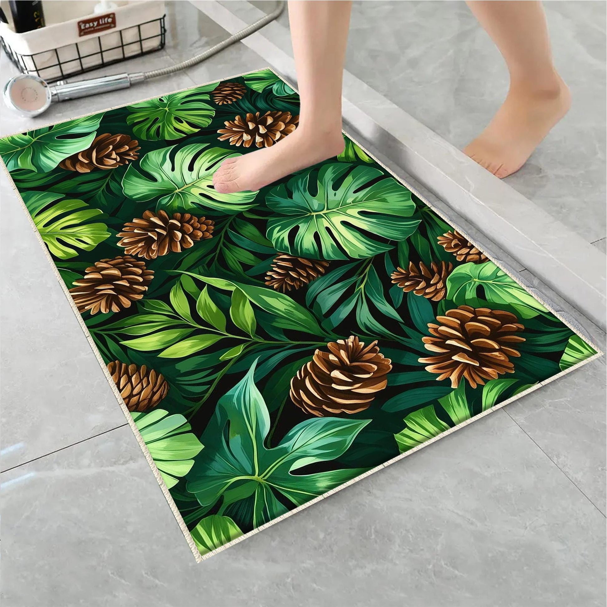 Pinecone Bath rug with palm leaves, Quick Dry Bathroom Mat, Soft Washable Botanic Toilet Mat, Modern Bathroom Decor, Green Toilet Rug