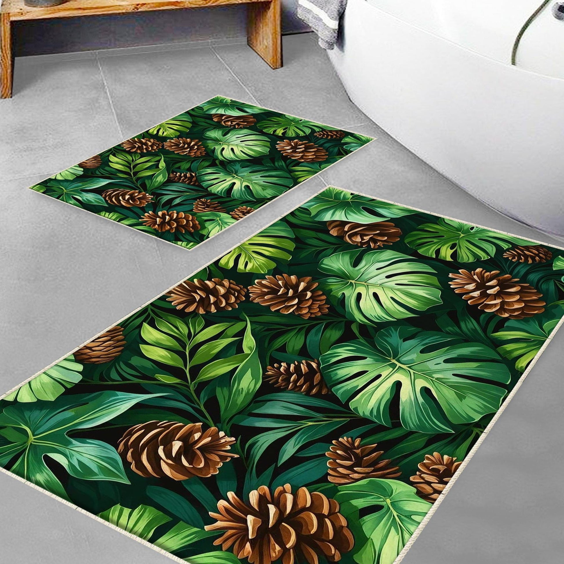 Pinecone Bath rug with palm leaves, Quick Dry Bathroom Mat, Soft Washable Botanic Toilet Mat, Modern Bathroom Decor, Green Toilet Rug
