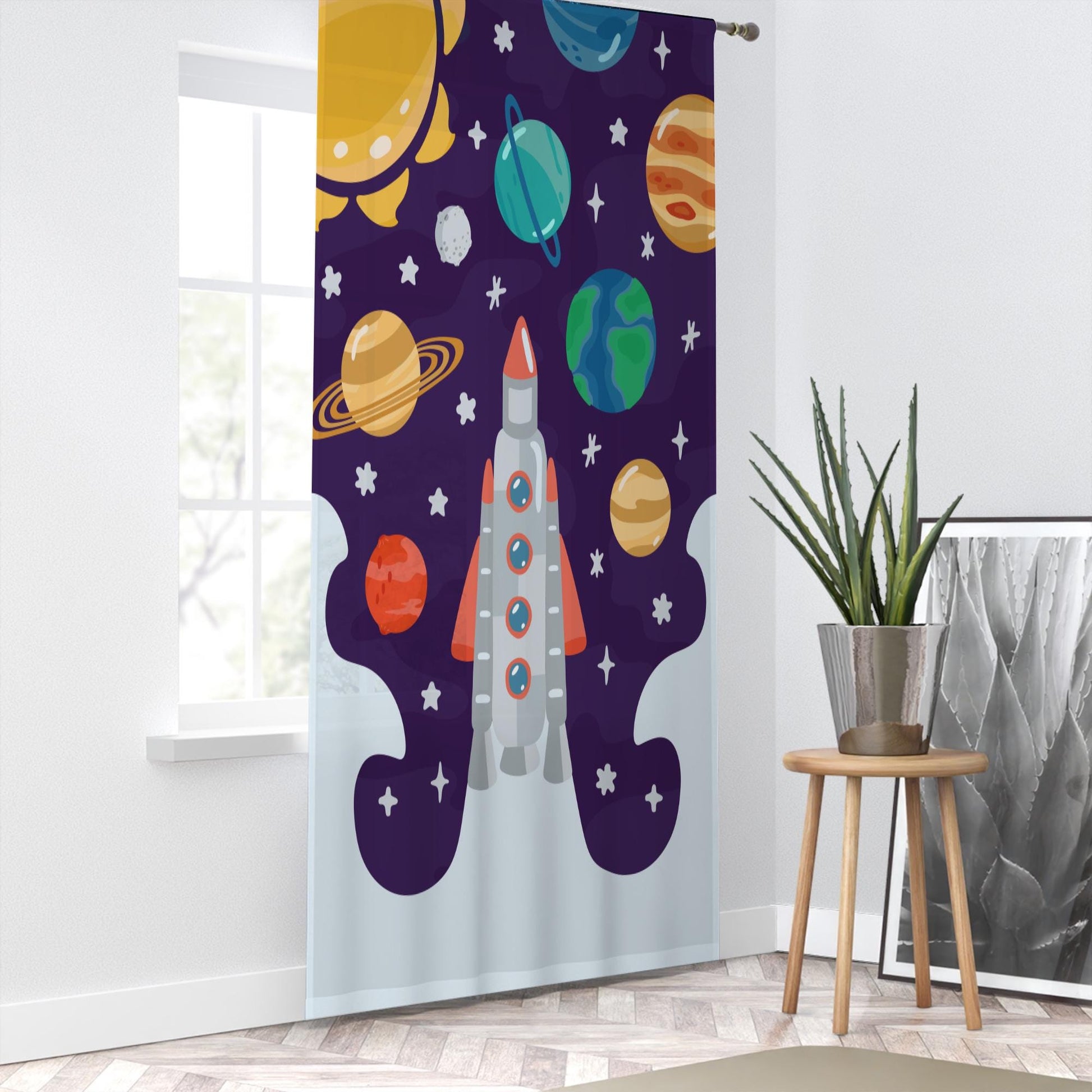 Planet Spaceship Sheer Curtain for Kids Room, Lightweight Sun Stars Moon Nursery Net Voile, Baby Room Window Drapes,