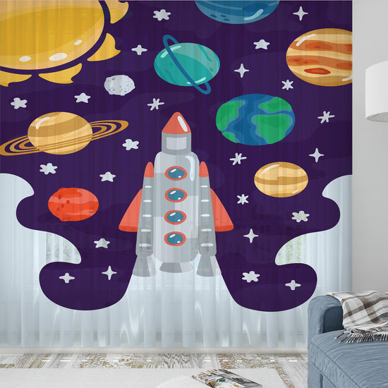 Planet Spaceship Sheer Curtain for Kids Room, Lightweight Sun Stars Moon Nursery Net Voile, Baby Room Window Drapes,