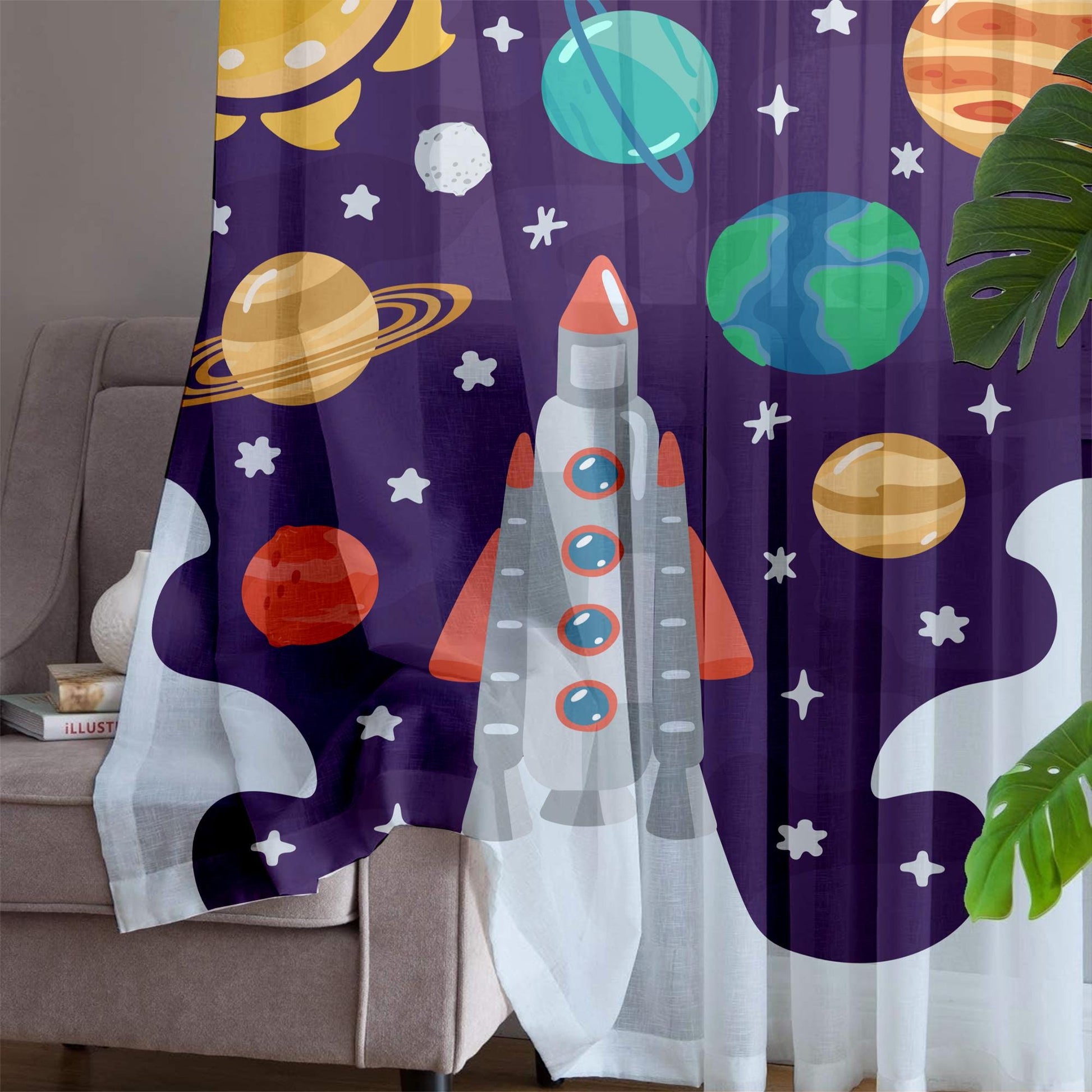 Planet Spaceship Sheer Curtain for Kids Room, Lightweight Sun Stars Moon Nursery Net Voile, Baby Room Window Drapes,