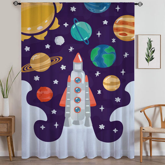 Planet Spaceship Sheer Curtain for Kids Room, Lightweight Sun Stars Moon Nursery Net Voile, Baby Room Window Drapes,