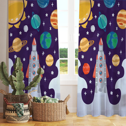 Planet Spaceship Sheer Curtain for Kids Room, Lightweight Sun Stars Moon Nursery Net Voile, Baby Room Window Drapes,