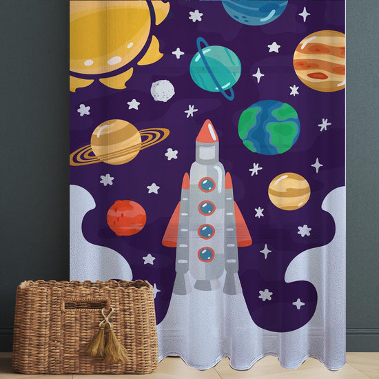 Planet Spaceship Sheer Curtain for Kids Room, Lightweight Sun Stars Moon Nursery Net Voile, Baby Room Window Drapes,