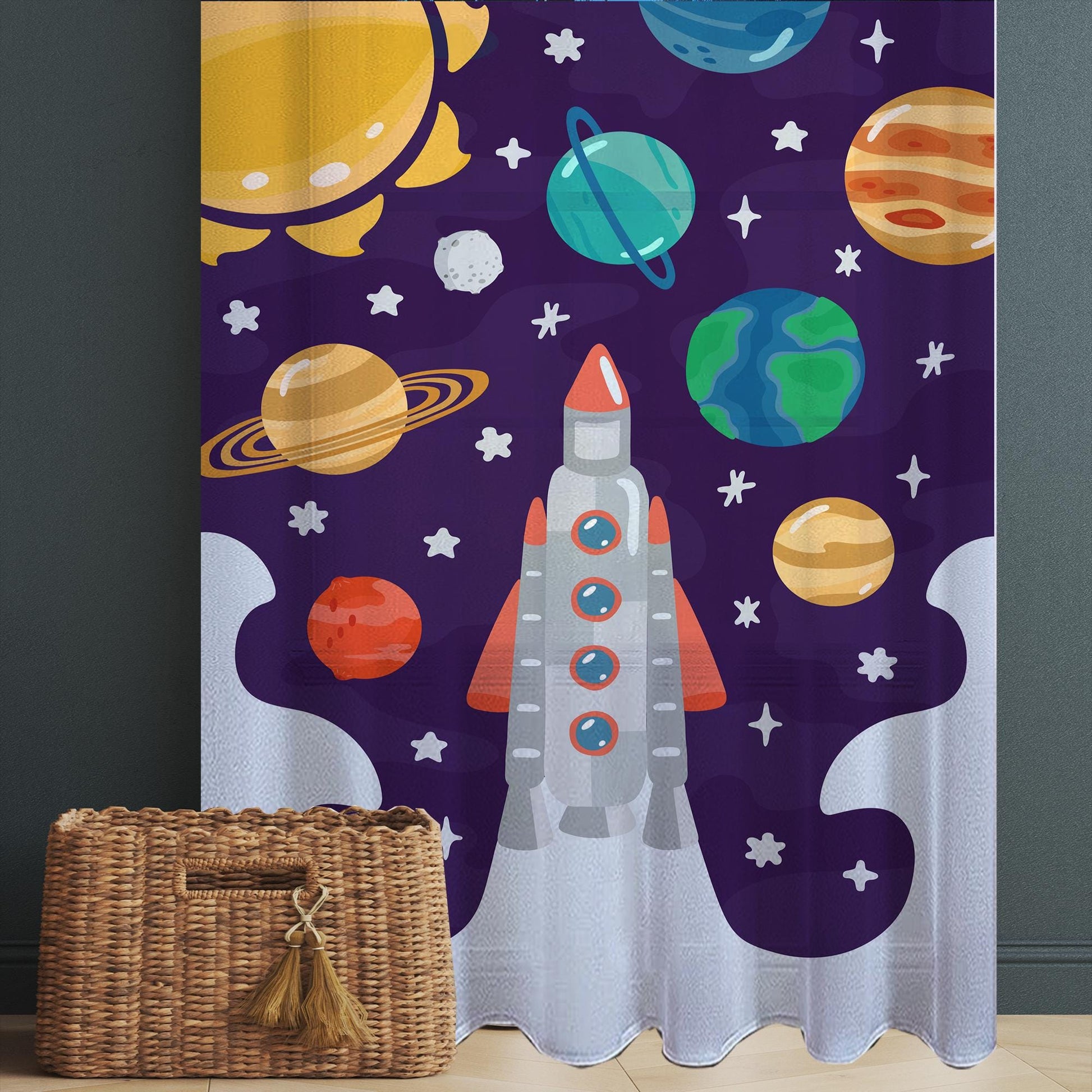 Planet Spaceship Sheer Curtain for Kids Room, Lightweight Sun Stars Moon Nursery Net Voile, Baby Room Window Drapes,