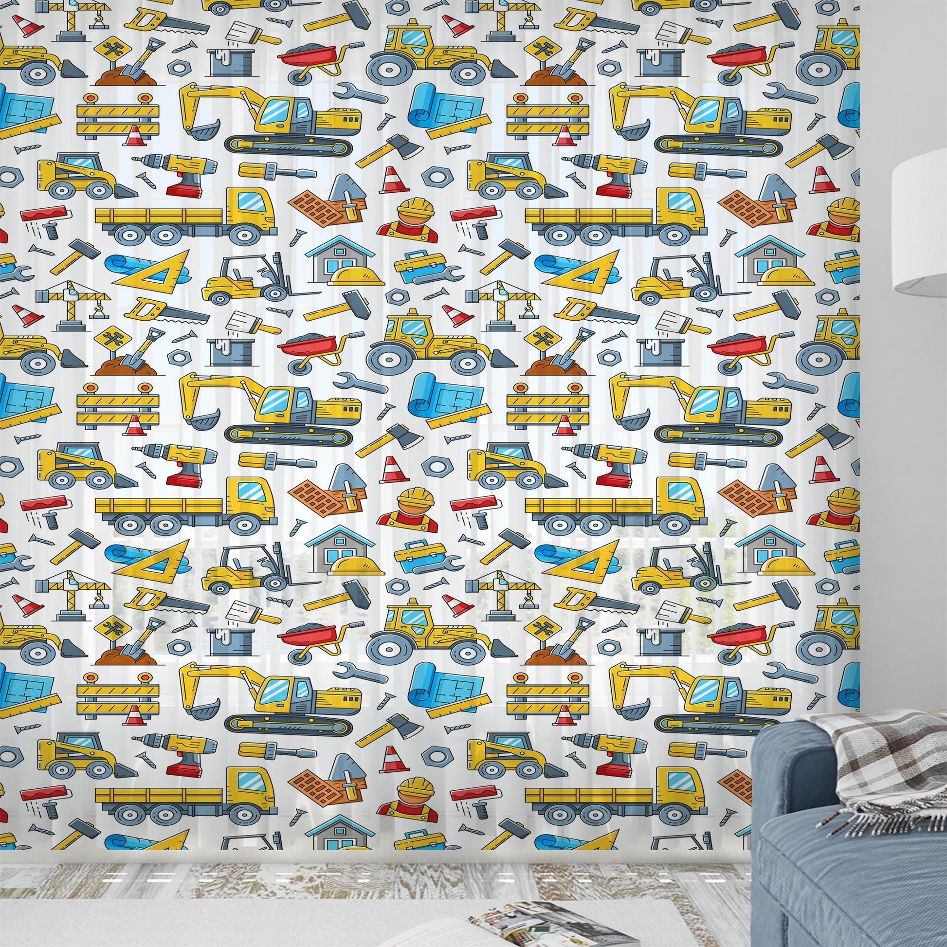 Construction Machines  Sheer Curtain for Kids Room, Lightweight Work Vehicles Truck Bulldozer Nursery Net Voile, Baby Room Window Drapes,