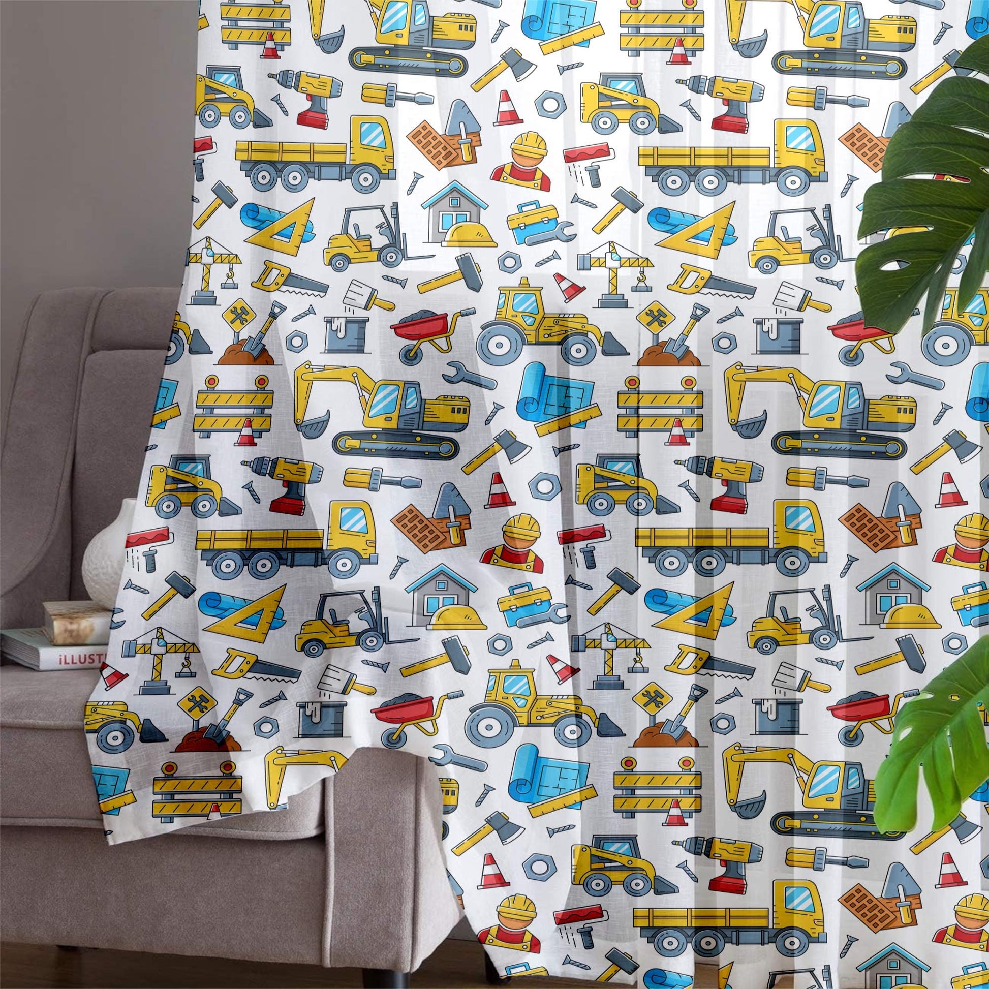 Construction Machines  Sheer Curtain for Kids Room, Lightweight Work Vehicles Truck Bulldozer Nursery Net Voile, Baby Room Window Drapes,
