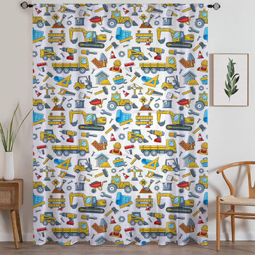 Construction Machines  Sheer Curtain for Kids Room, Lightweight Work Vehicles Truck Bulldozer Nursery Net Voile, Baby Room Window Drapes,