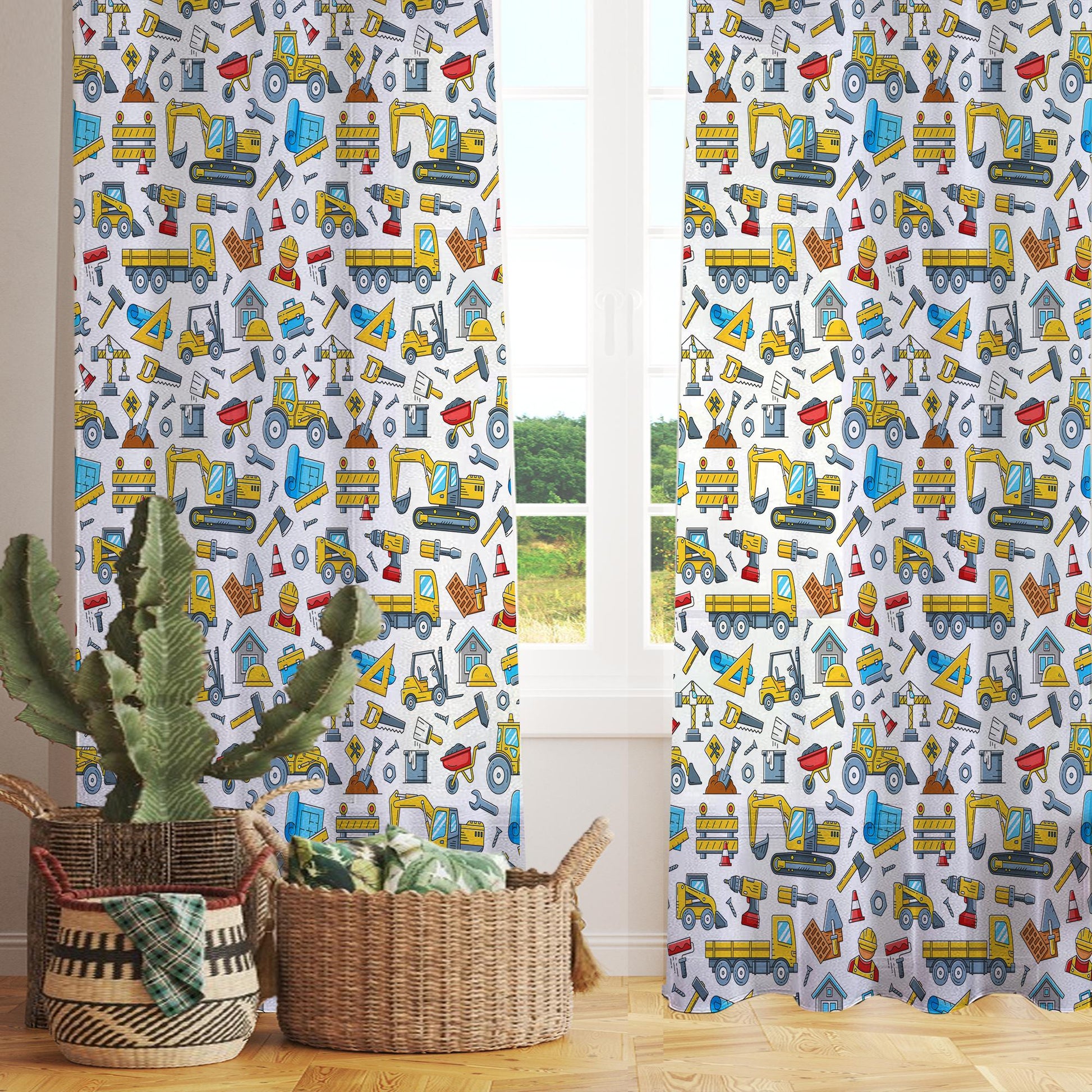 Construction Machines  Sheer Curtain for Kids Room, Lightweight Work Vehicles Truck Bulldozer Nursery Net Voile, Baby Room Window Drapes,
