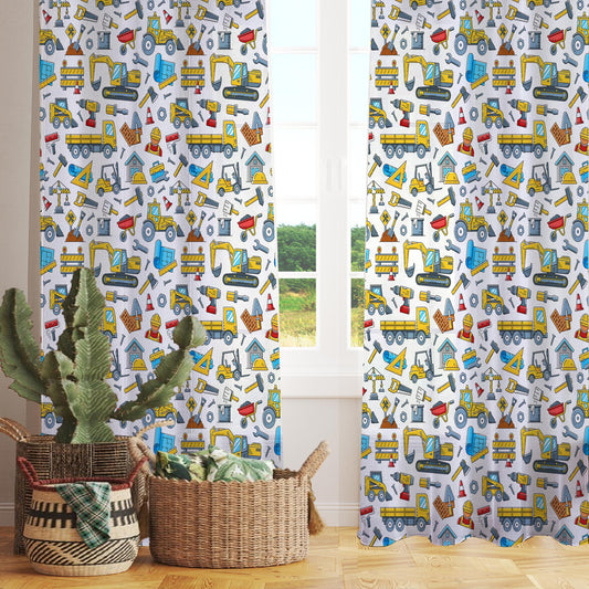 Construction Machines  Sheer Curtain for Kids Room, Lightweight Work Vehicles Truck Bulldozer Nursery Net Voile, Baby Room Window Drapes,