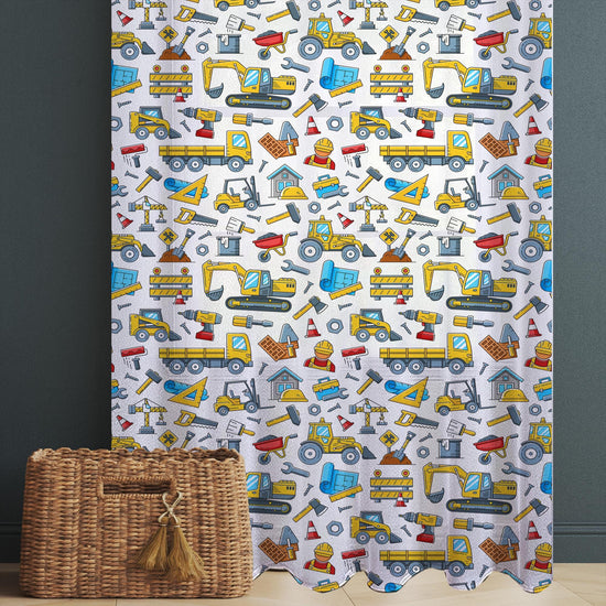 Construction Machines  Sheer Curtain for Kids Room, Lightweight Work Vehicles Truck Bulldozer Nursery Net Voile, Baby Room Window Drapes,
