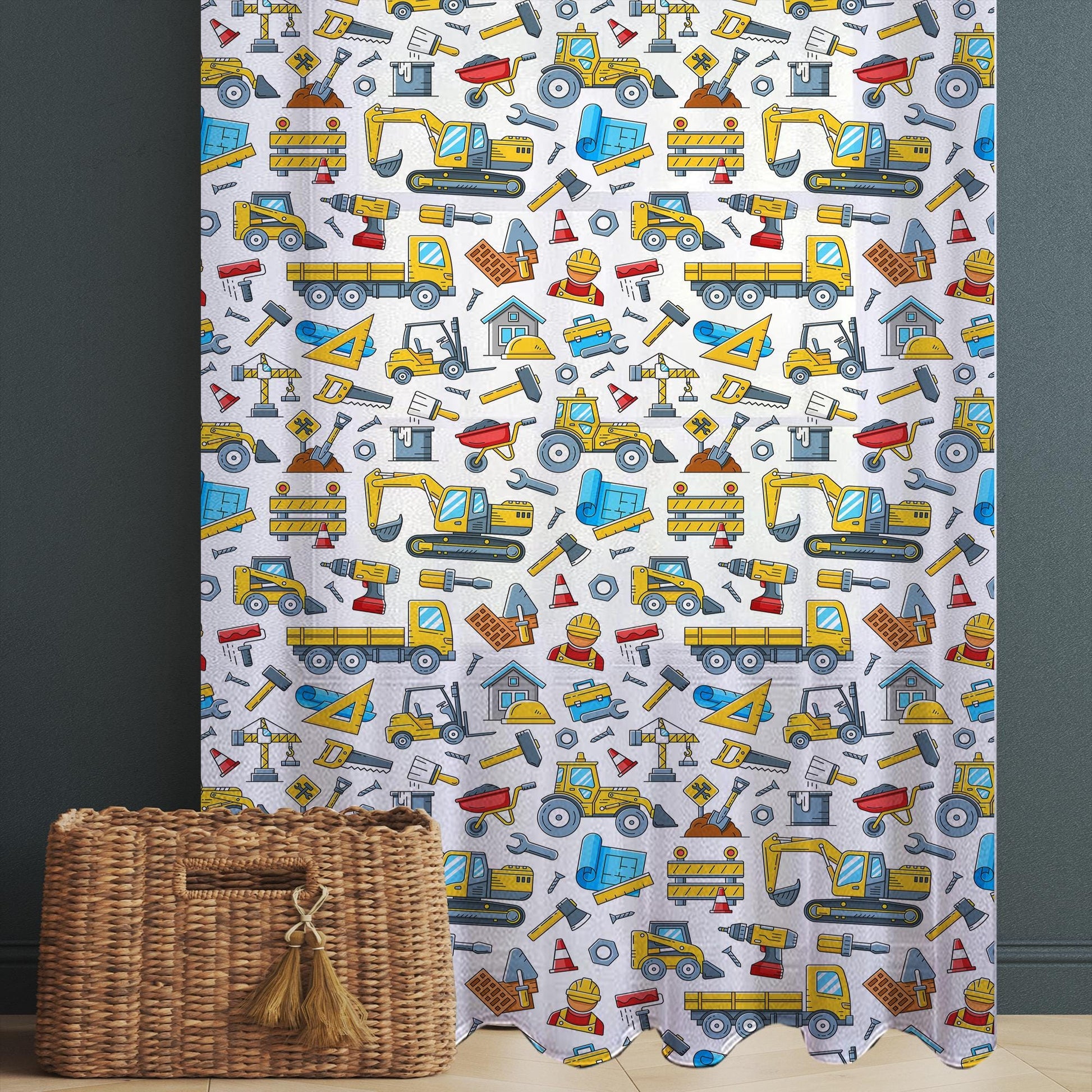 Construction Machines  Sheer Curtain for Kids Room, Lightweight Work Vehicles Truck Bulldozer Nursery Net Voile, Baby Room Window Drapes,