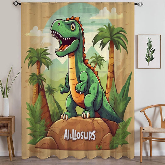 Green Dinosaur  Sheer Curtain for Kids Room, Lightweight Jurassic Dino Theme Nursery Net Voile, Baby Room Window Drapes,