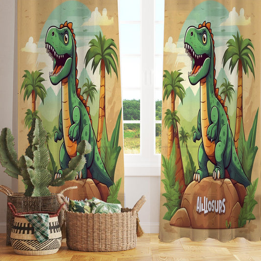 Green Dinosaur  Sheer Curtain for Kids Room, Lightweight Jurassic Dino Theme Nursery Net Voile, Baby Room Window Drapes,