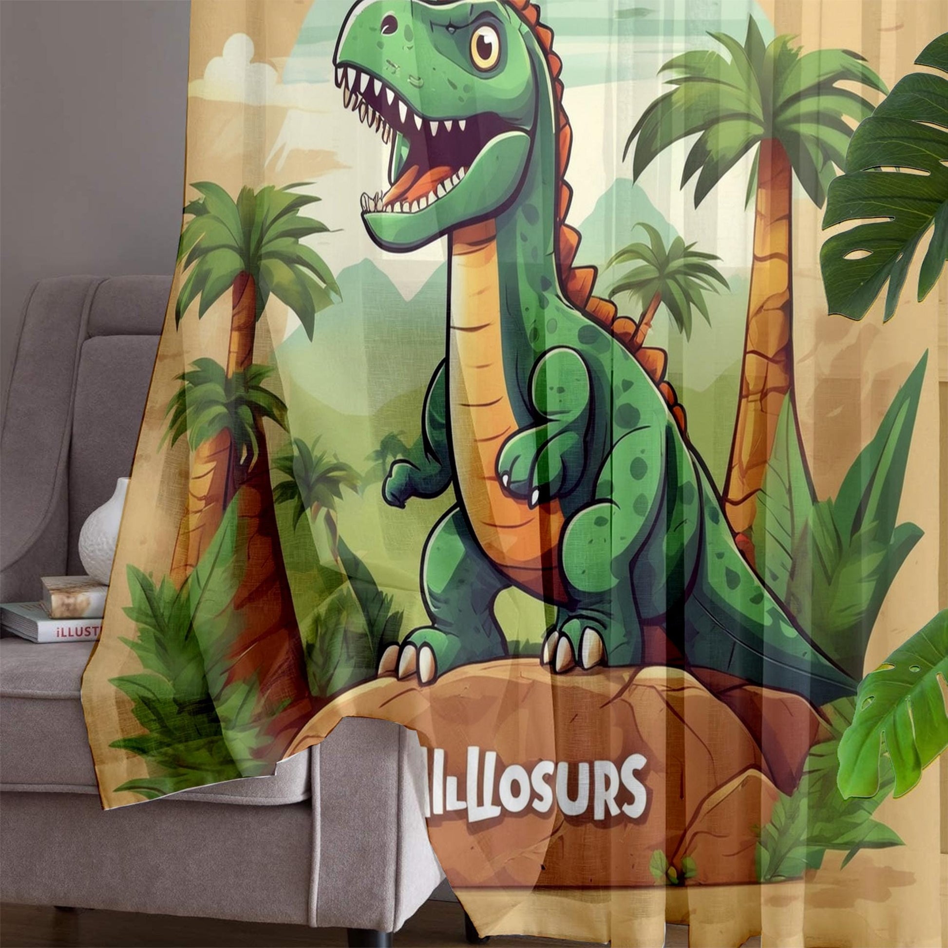Green Dinosaur  Sheer Curtain for Kids Room, Lightweight Jurassic Dino Theme Nursery Net Voile, Baby Room Window Drapes,